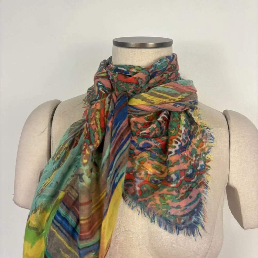 Vibrant Multi Color Paisley Abstract Scarf Large Square Lightweight Fringed